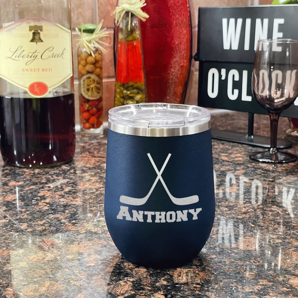 Hockey 2 Stainless Wine Tumblers - Navy - Single Sided - In Context