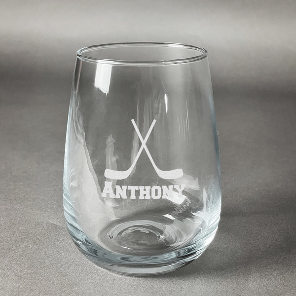 Custom Hockey 2 Stemless Wine Glass (Single) (Personalized)