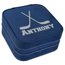 Hockey 2 Travel Jewelry Box - Navy Blue Leather (Personalized)