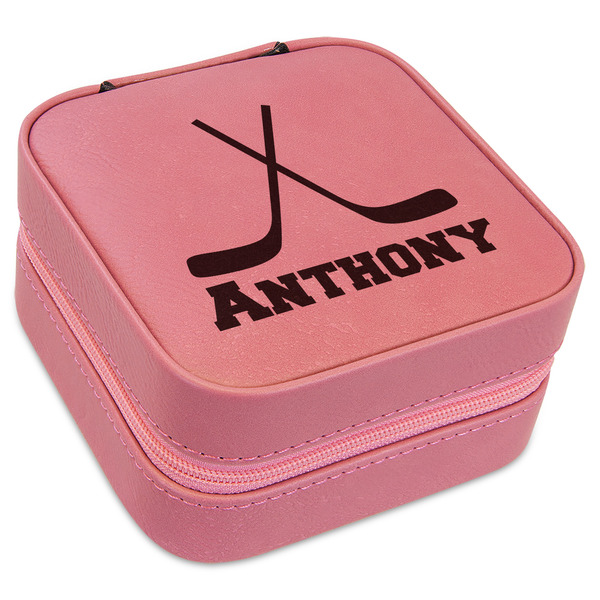Custom Hockey 2 Travel Jewelry Boxes - Pink Leather (Personalized)