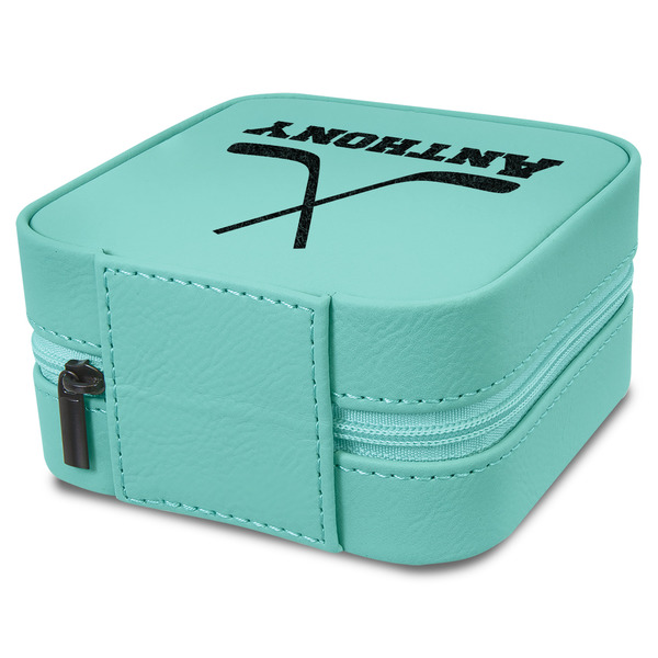 Hockey 2 Travel Jewelry Boxes - Leather - Teal - View from Rear