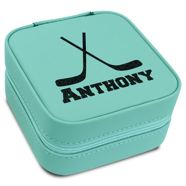 Custom Hockey 2 Travel Jewelry Box - Teal Leather (Personalized)
