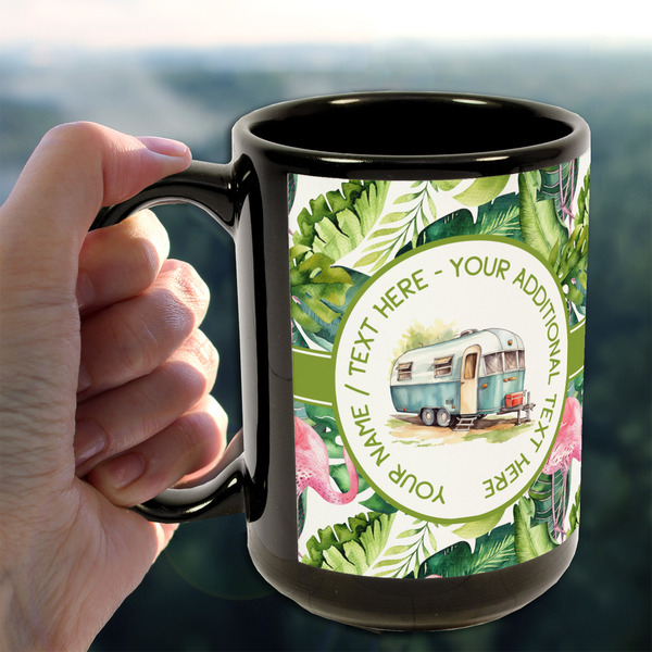 Flamingo & Camping 15oz. Black Mug - Lifestyle