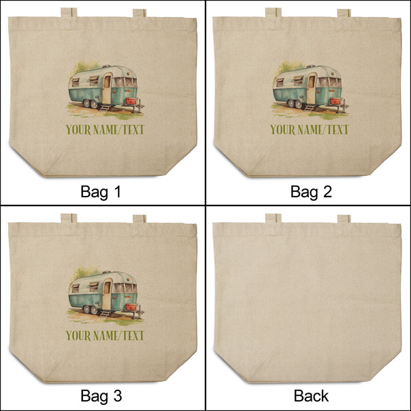 Flamingo & Camping 3 Reusable Cotton Grocery Bags - Front & Back View