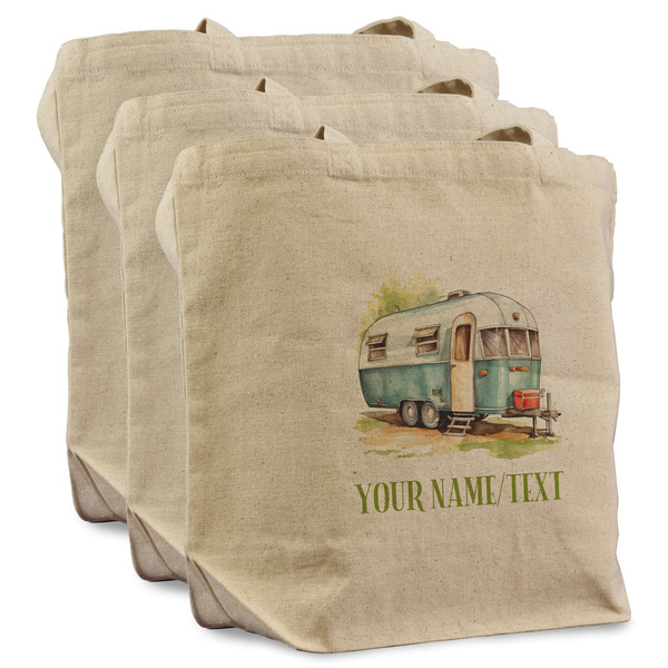 Custom Flamingo & Camping Reusable Cotton Grocery Bags - Set of 3