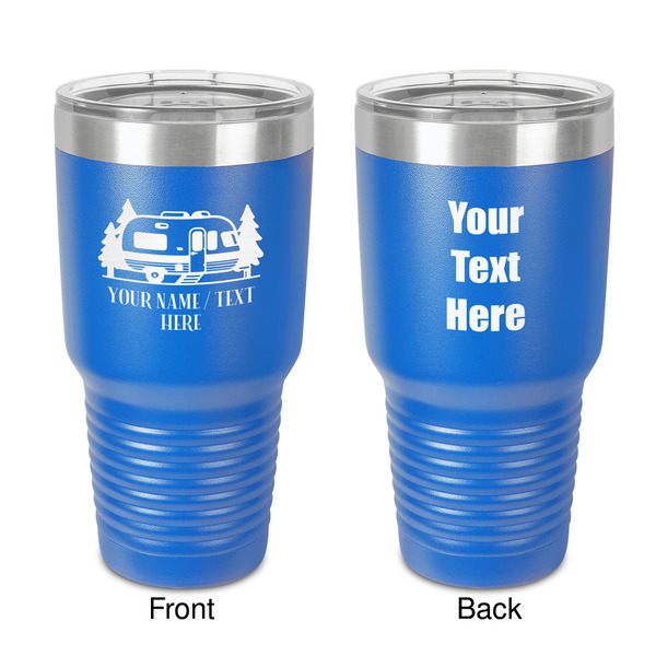 Custom Flamingo & Camping 30 oz Stainless Steel Tumbler - Royal Blue - Double-Sided (Personalized)