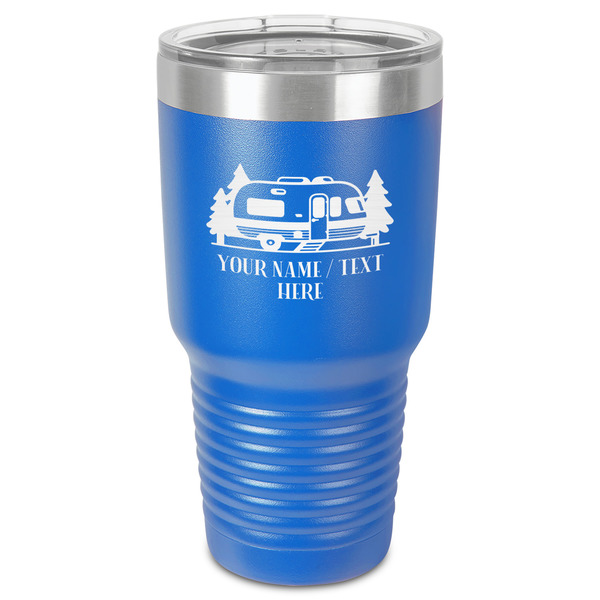 Custom Flamingo & Camping 30 oz Stainless Steel Tumbler - Royal Blue - Single-Sided
