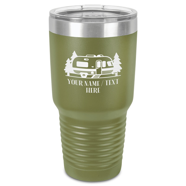 Custom Flamingo & Camping 30 oz Stainless Steel Tumbler - Olive - Single-Sided