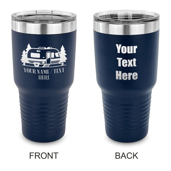 Custom Flamingo & Camping 30 oz Stainless Steel Tumbler - Navy - Double-Sided (Personalized)