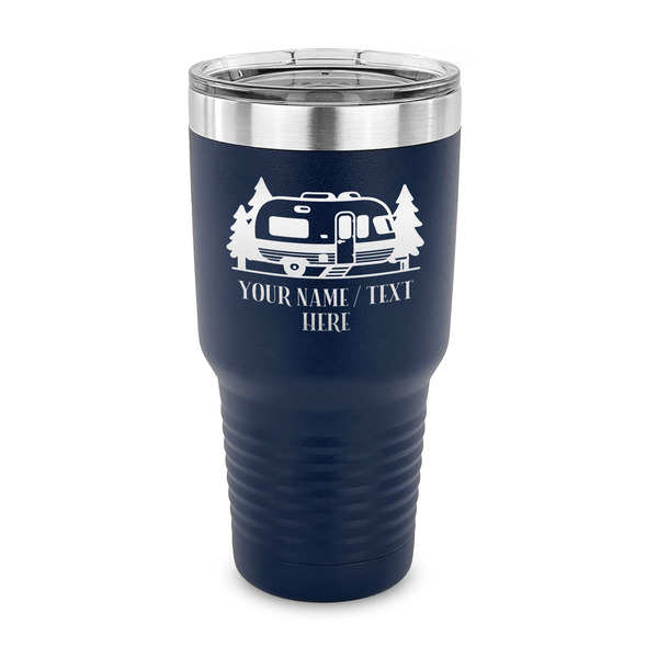 Custom Flamingo & Camping 30 oz Stainless Steel Tumbler - Navy - Single-Sided