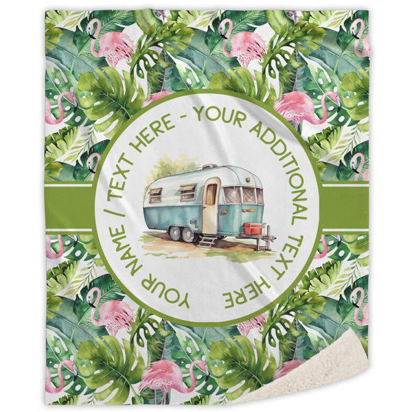 Custom Flamingo & Camping Sherpa Throw Blanket (Personalized)