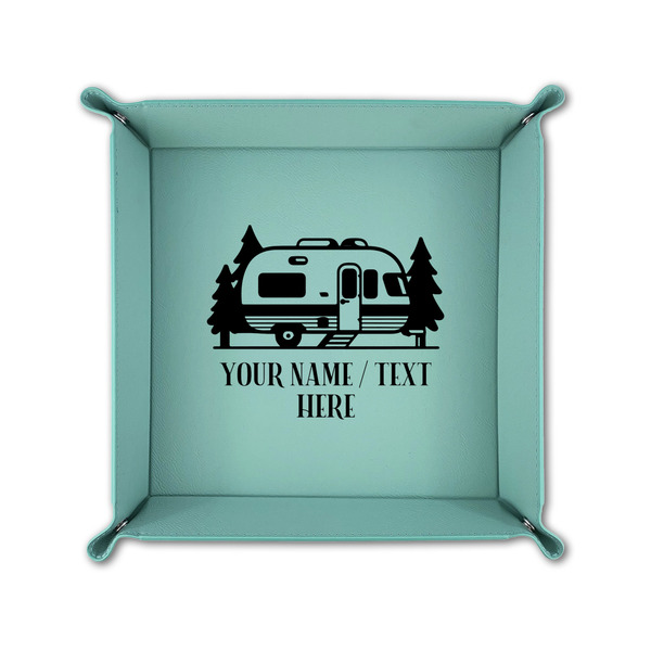 Flamingo & Camping 6" x 6" Teal Leatherette Snap Up Tray - FOLDED UP