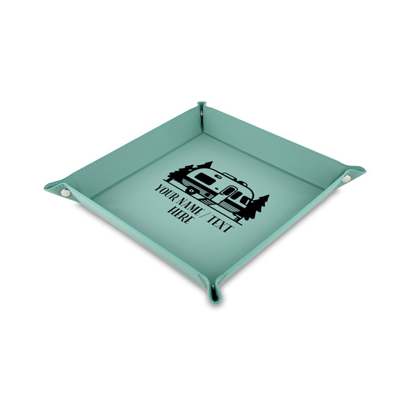 Custom Flamingo & Camping Faux Leather Dice Tray - 6" x 6" - Teal
