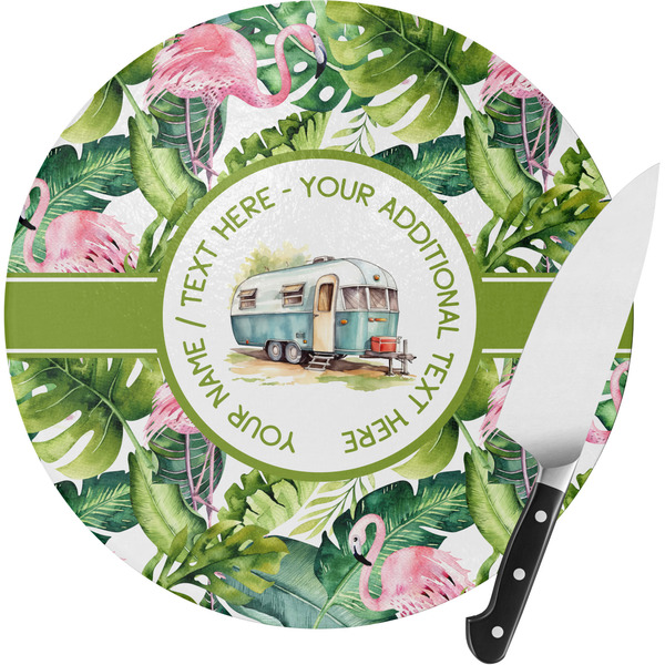 Custom Flamingo & Camping Round Glass Cutting Board - Small (Personalized)