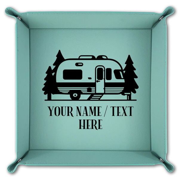 Flamingo & Camping 9" x 9" Teal Leatherette Snap Up Tray - FOLDED