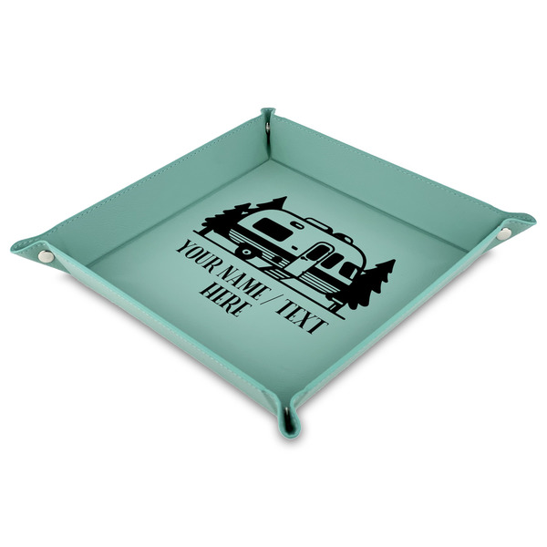 Custom Flamingo & Camping Faux Leather Dice Tray - 9" x 9"  - Teal