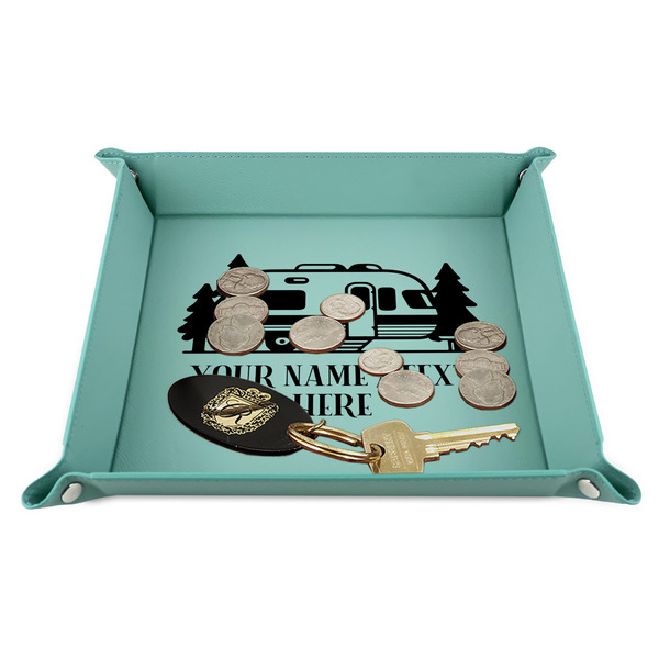 Flamingo & Camping 9" x 9" Teal Leatherette Snap Up Tray - STYLED