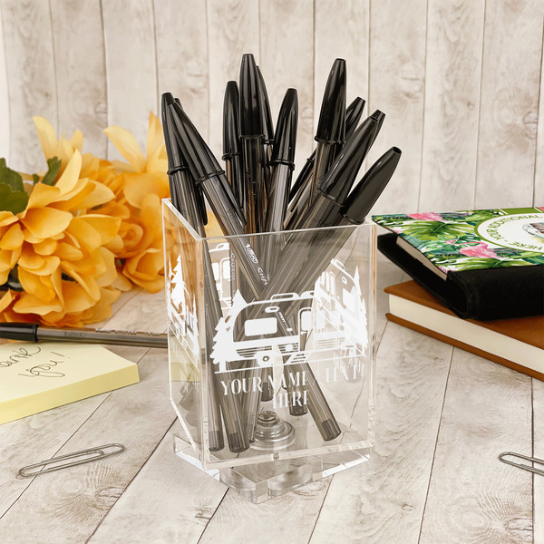 Flamingo & Camping Acrylic Pencil Holder - IN CONTEXT