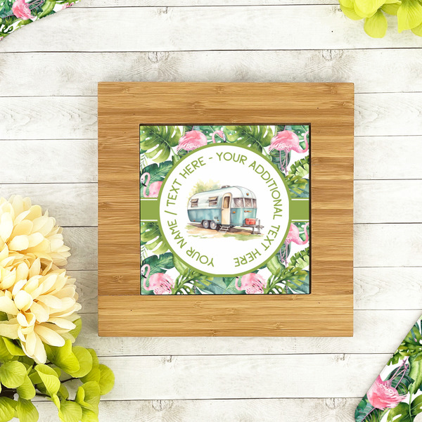 Flamingo & Camping Bamboo Trivet with 6" Tile - LIFESTYLE