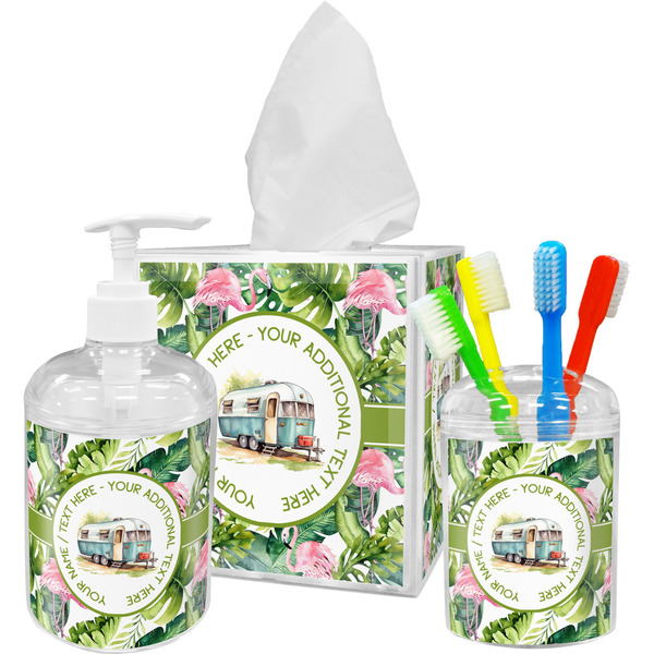 Custom Flamingo & Camping Acrylic Bathroom Accessories Set (Personalized)