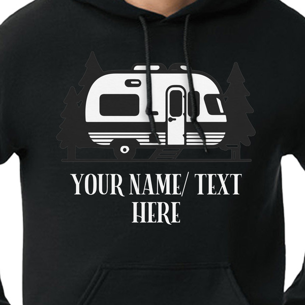 Flamingo & Camping Black Hoodie on Model - CloseUp