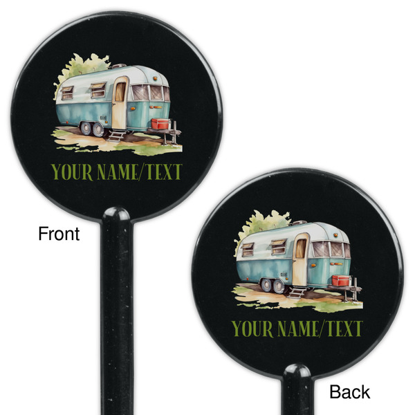 Flamingo & Camping Black Plastic 5.5" Stir Stick - Double Sided - Round - Front & Back
