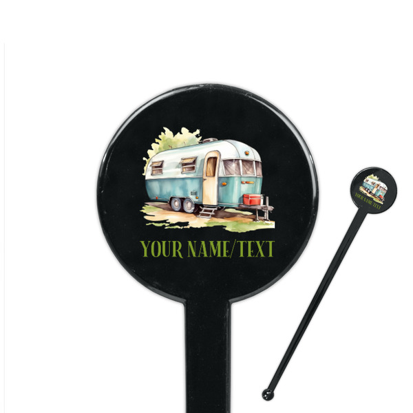 Custom Flamingo & Camping 7" Round Plastic Stir Sticks - Black - Single-Sided