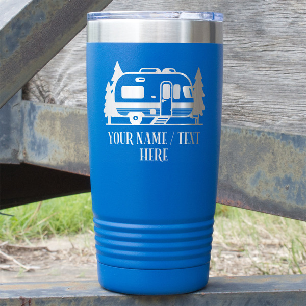 Custom Flamingo & Camping 20 oz Stainless Steel Tumbler - Royal Blue - Single-Sided