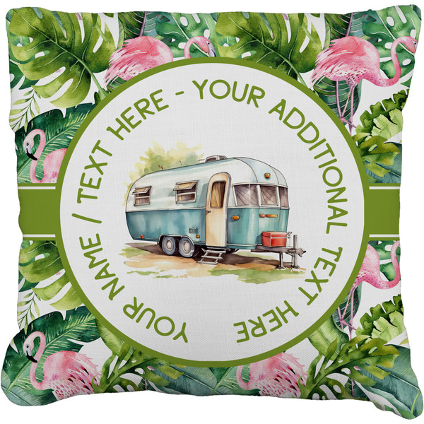 Custom Flamingo & Camping Faux-Linen Throw Pillow 18" (Personalized)