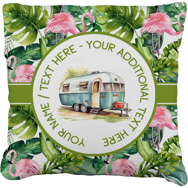 Custom Flamingo & Camping Faux-Linen Throw Pillow 20" (Personalized)