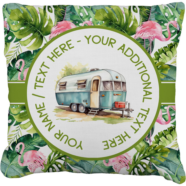 Custom Flamingo & Camping Faux-Linen Throw Pillow (Personalized)