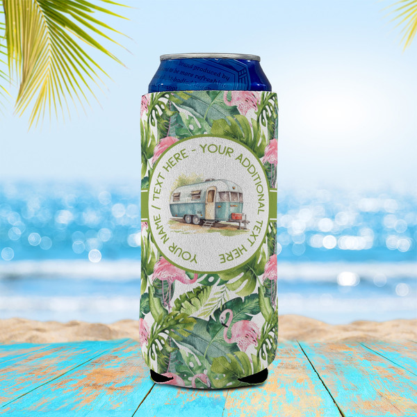 Flamingo & Camping Can Cooler - 16oz - In Context