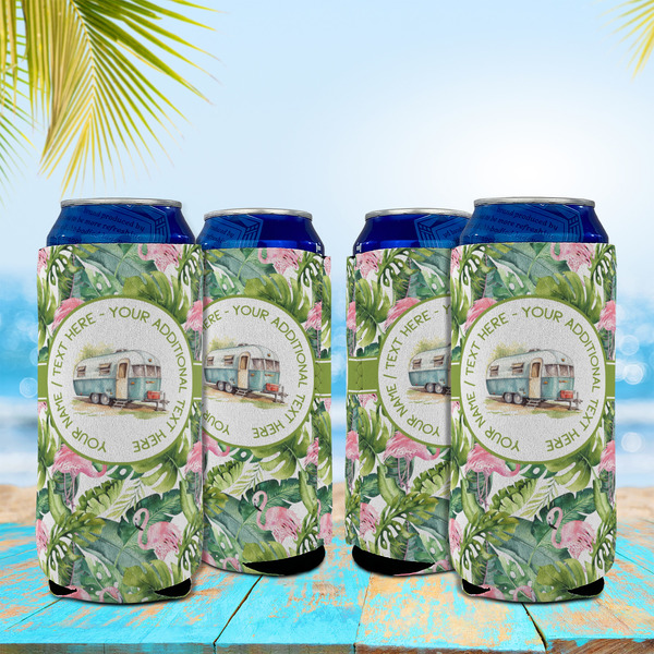 Flamingo & Camping Can Cooler - 16oz - Set of 4 - In Context