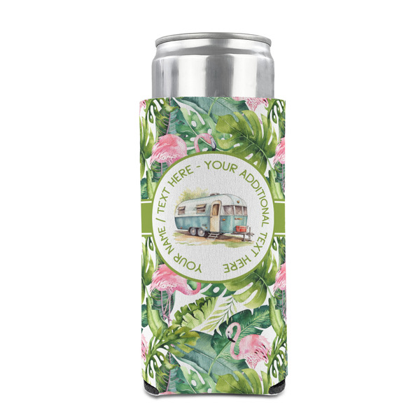 Flamingo & Camping Can Cooler - Tall 12oz - Front on Can