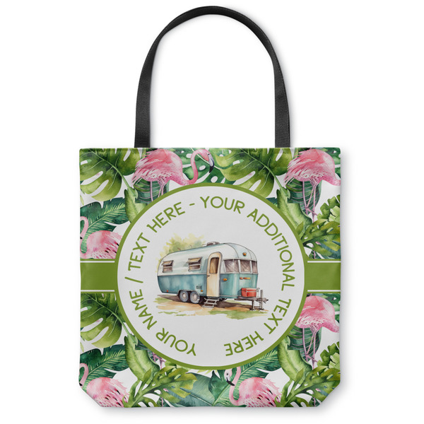 Custom Flamingo & Camping Canvas Tote Bag - Large - 18" x 18" (Personalized)