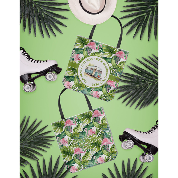 Flamingo & Camping Canvas Tote Lifestyle Front and Back- 13x13