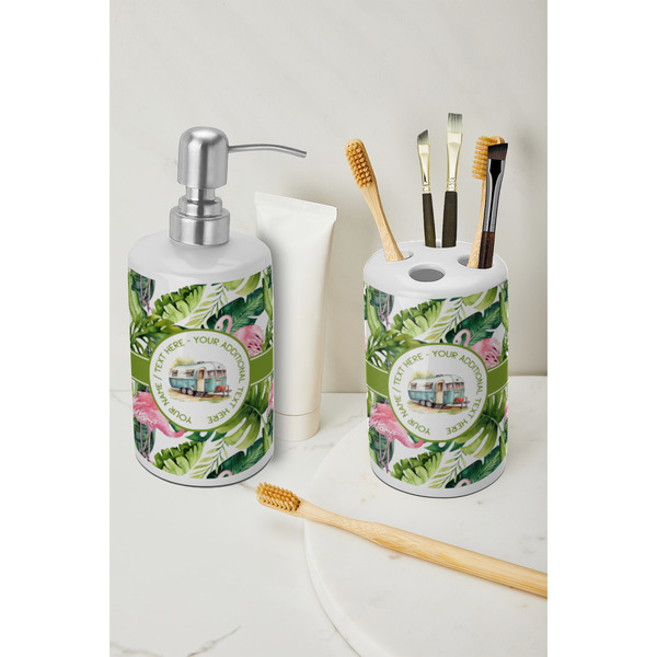 Flamingo & Camping Ceramic Bathroom Accessories - LIFESTYLE (toothbrush holder & soap dispenser)