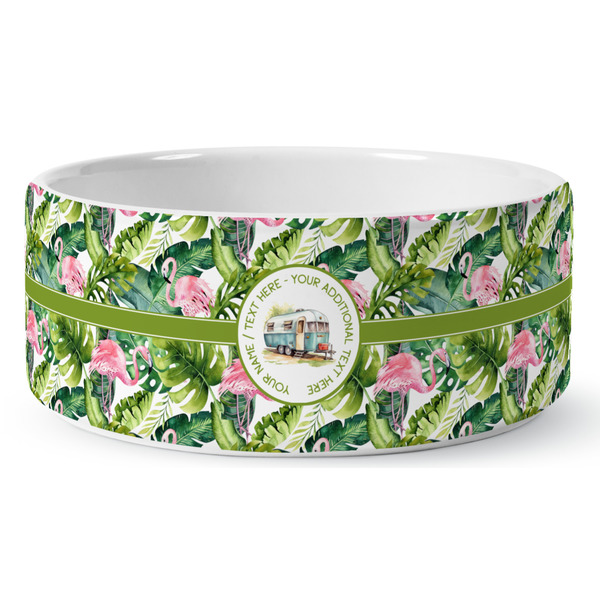 Custom Flamingo & Camping Ceramic Dog Bowl (Personalized)