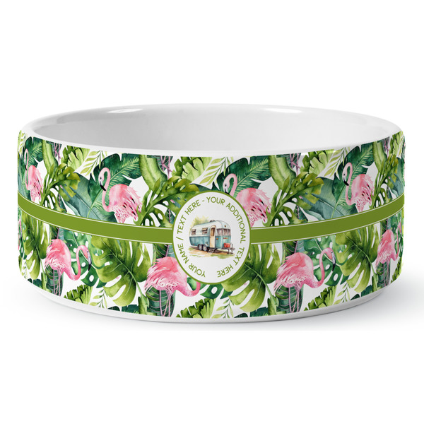 Flamingo & Camping Ceramic Dog Bowl - Medium - Front