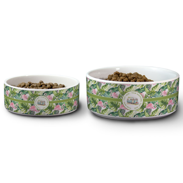 Flamingo & Camping Ceramic Dog Bowls - Size Comparison