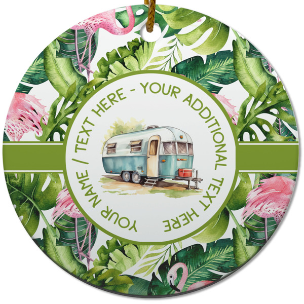 Flamingo & Camping Ceramic Flat Ornament - Circle (Front)