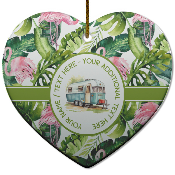 Flamingo & Camping Ceramic Flat Ornament - Heart (Front)