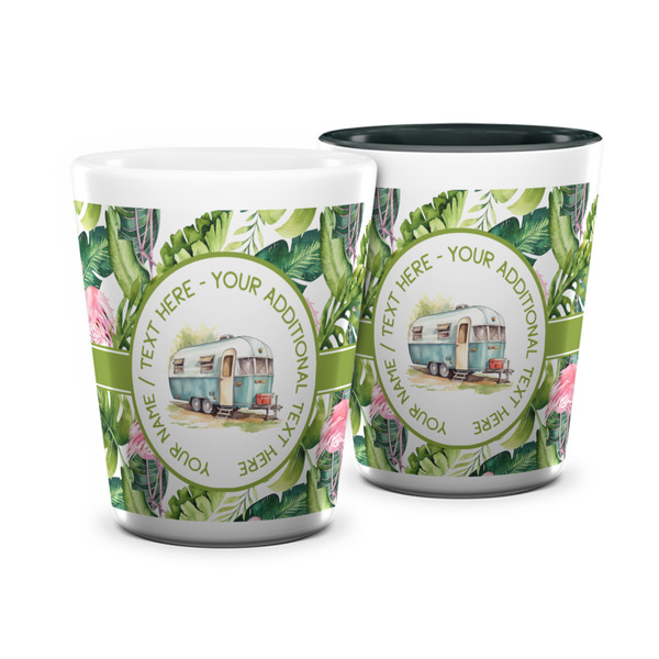 Custom Flamingo & Camping Ceramic Shot Glass - 1.5 oz (Personalized)