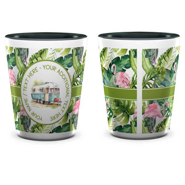 Flamingo & Camping Ceramic Shot Glass - Two Tone - Front & Back