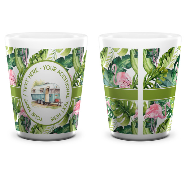 Flamingo & Camping Ceramic Shot Glass - White - Front & Back