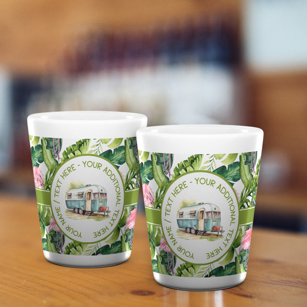 Flamingo & Camping Ceramic Shot Glass - White - Lifestyle