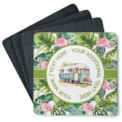Flamingo & Camping Square Rubber Backed Coasters - Set of 4 (Personalized)