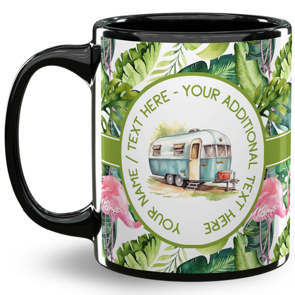 Custom Flamingo & Camping 11 oz Coffee Mug - Black (Personalized)