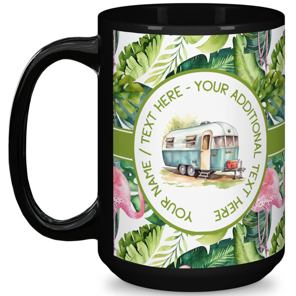 Custom Flamingo & Camping 15 oz Coffee Mug - Black (Personalized)