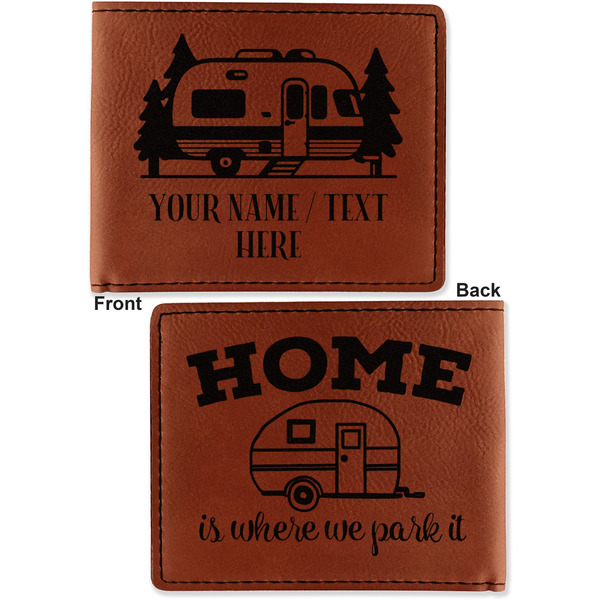 Flamingo & Camping Cognac Leatherette Bifold Wallets - Front and Back